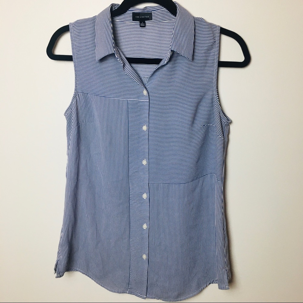 The Limited Sleeveless Button Up Top Blue & White Striped EUC